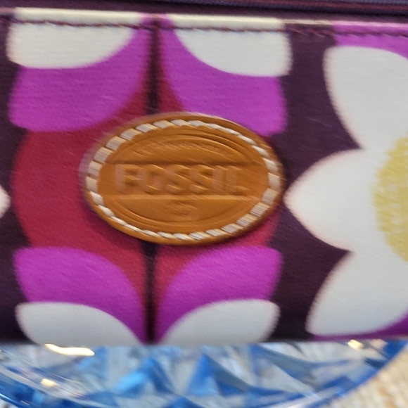 Fossil Leather Floral Zip Around Long Wallet Coated Canvas Pink Cream Retro EUC - Picture 5 of 13